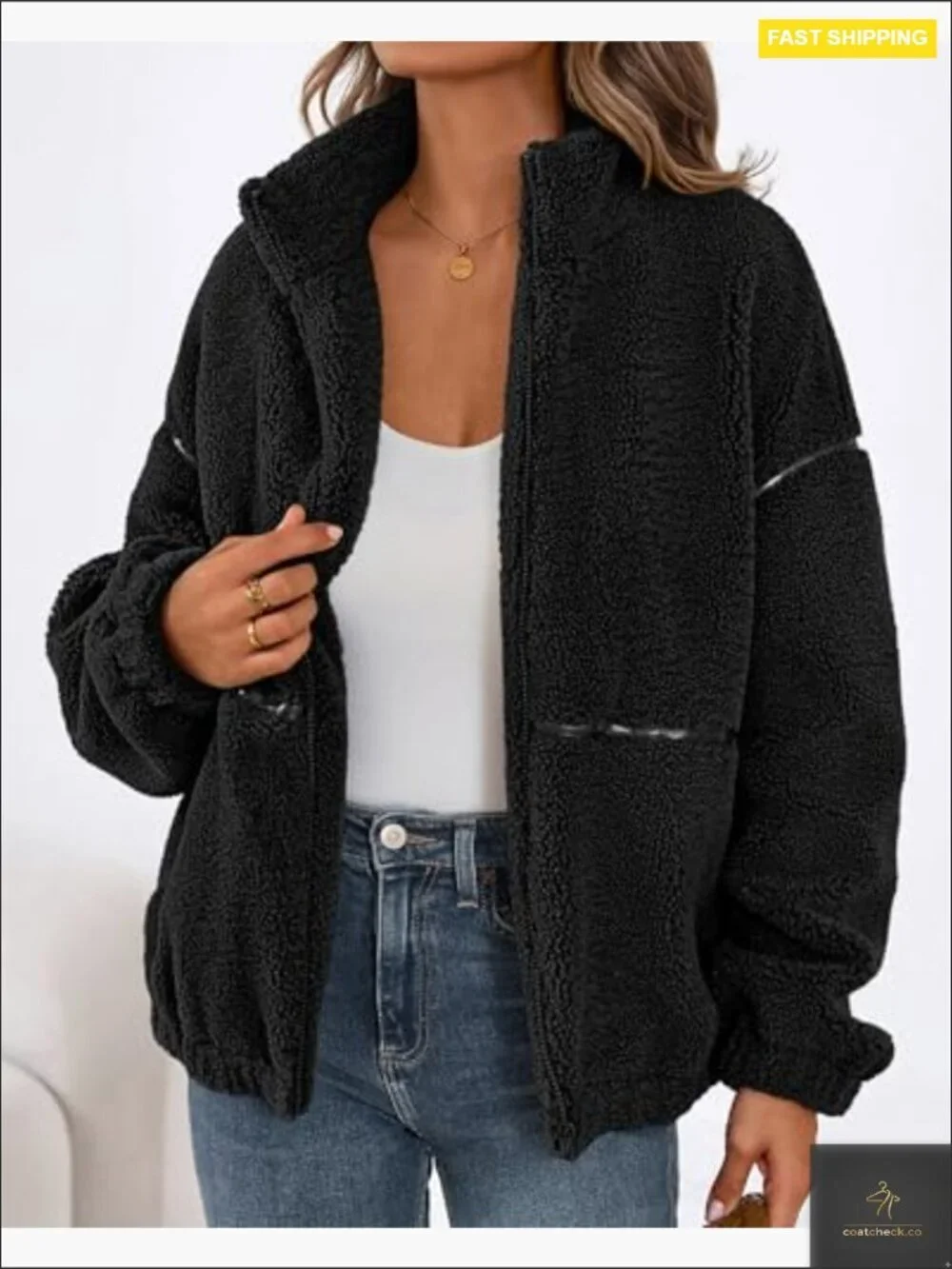 Oversized Faux Fur Zip Up Sherpa Jacket Winter Warm Fleece Jacket for Women